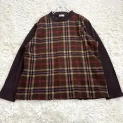 チェック柄長袖ニットカットソー 3L 大きいサイズ ブラウン ゆったり 茶色