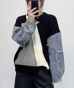 配色切替 デニム袖 オーバーサイズニット