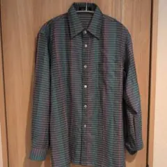 90s ウール ストライプ長袖シャツ グリーンブルー 洗濯機可 M程度