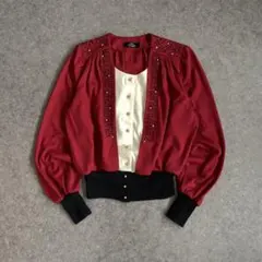 Vintage カーディガン 刺繍 レッド 昭和レトロ 古着女子