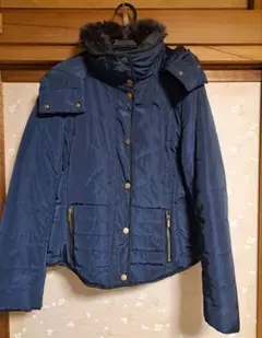 【北欧購入/美品】H&M ダウン 中綿ジャケット ネイビー 36 ファー付き