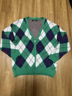 ニットカーディガン アーガイル柄 長袖 緑 下北沢古着屋 美品