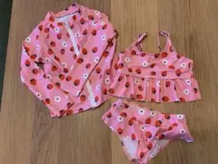 いちご柄 セパレート水着+長袖ラッシュガード3点セット 110cm