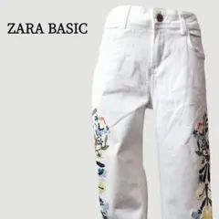 ZARA BASIC 花柄刺繍ホワイトストレッチデニム M-L きれいめ