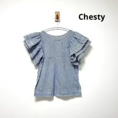 Chesty フリル袖ブラウス　ブルーホワイトストライプ柄のサムネイル