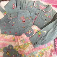 メゾピアノミミポポ刺繍デニムジャケット&ジャンバースカートセット 120おまけ付