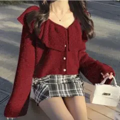 GRL フリルカラーラメシャギーニットカーディガン ボルドー F オンライン完売