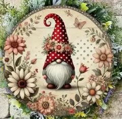 ウェルカム 木製ボード 赤い帽子のノームさん 春色フラワー 園芸ガーデンプレート