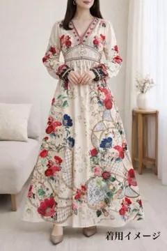 【美品】花柄エスニック調 マキシ丈 ロングワンピース 大きめ L 個性 春服
