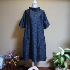 ★着物リメイク★　ゆったりザックリ五分袖チュニック　村山大島紬　藍大島