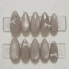 【現品】ネイルチップ 韓国風 マグネットリボン シンプル ベージュ