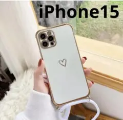 iPhone15ケース　ショルダー　ホワイト　ハート　韓国　シンプル　白
