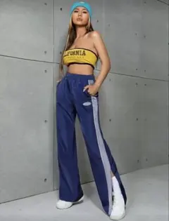【美品】SHEINネイビー サイドストライプ ワイドパンツXS
