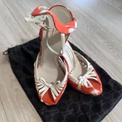 オレンジ リボン付きオープントゥハイヒール