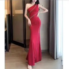 【新品】ワンショルダービジュー付きドレス ロングドレス 赤 レッド キャバドレス