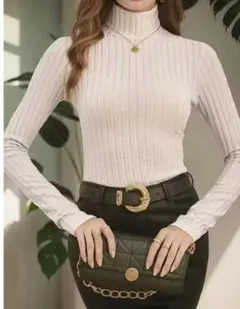 新品 リブ タートルネック ニット レディース Mサイズ 白 インナー 秋冬