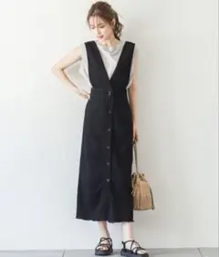 【美品】ラジエム　フロントボタンジャンパースカート 黒 Lのサムネイル