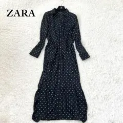 ZARA ドット柄 長袖 ロングシャツ ワンピース 黒 Sサイズ ガウン