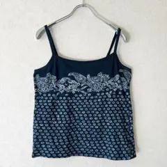 45R 藍染 ペイズリー×小花柄 コットンキャミソール インディゴ R刺繍のサムネイル