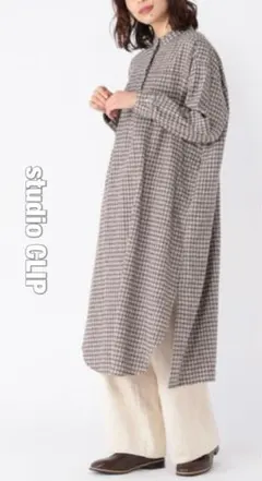 studio CLIP コットンリネン起毛アソートシャツワンピース　L