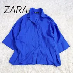 【美品】ZARA リネンレーヨン七分袖シャツ ブルー M ゆったり ブルー
