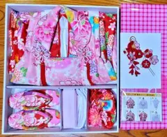 七五三 3歳 子供用着物セット ピンク 赤 草履付き + つまみ細工髪飾り