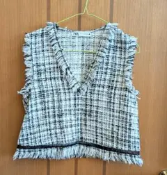ZARA フリンジ Vネック ツイードベスト