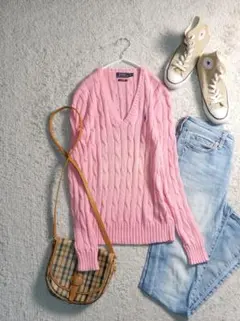 ポロラルフローレン ポニー刺繍 Vネック ケーブルニット プルオーバーXS