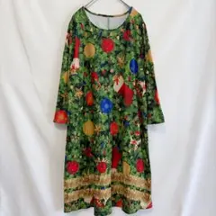 ★クリスマスツリー柄 ロングワンピース 派手 チュニック　Aライン　七分袖　総柄