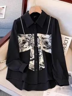 レディース ブラウス 長袖 ビーズ 秋冬 体型カバー エレガント レイヤード風