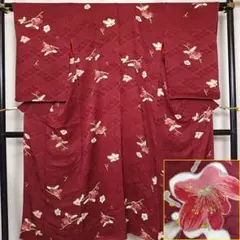 ◆2832◆アンティーク着物　錦紗縮緬　臙脂に紅白梅　袷　紅絹　身丈146㎝