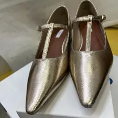 ゴールド ポインテッドトゥ フラットシューズ
