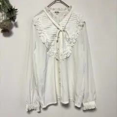 昭和レトロ｜ヴィンテージピンタックフリルブラウス｜長袖｜ホワイト｜リボン｜Lのサムネイル