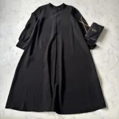 ハルメク　パフスリーブゆったりＡラインワンピース　ブラック◆7055