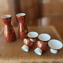 朱色 金彩 徳利 2本 猪口 4客 酒器セット