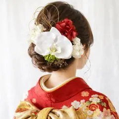 胡蝶蘭髪飾りドライフラワー 赤ヘア飾り 結婚式和装 成人式振袖 卒業式袴 水引き