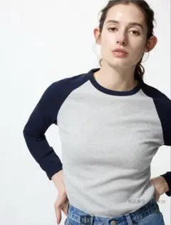 UNIQLO グレー・ネイビー ラグランTシャツ M ソフトリブT
