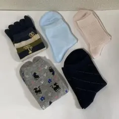 ソックス 5足セット 猫 椰子の木 ストライプ ブルー水玉 ピンクのサムネイル