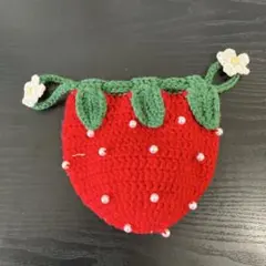 いちご　小花とパール付　巾着袋　編み物　ハンドメイド