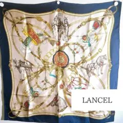 値下げ中！【未使用品】LANCEL シルクスカーフ 馬と装飾品 紺ベージュ
