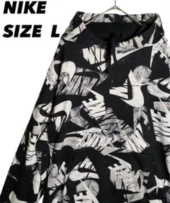 NIKE 総柄パーカー メンズL ブラック ビッグロゴ ストリート
