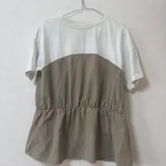 異素材切り替え 半袖カットソー ベージュ×ホワイLサイズ