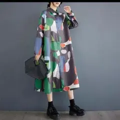 モード系個性的　大きいサイズ長袖ロングシャツワンピース秋冬春