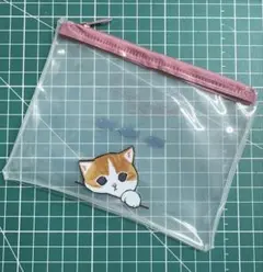 猫イラスト透明ポーチ（ピンクファスナー）