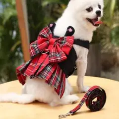 新品 ハーネス リード 付 リボン チェック ワンピース Sサイズ 小型犬