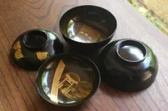 時代逸品！端正な上質黒漆に優美な宝尽くし蒔絵の映える煮物椀2点（検