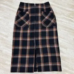 チェック柄タイトスカート M ネイビー/オレンジ