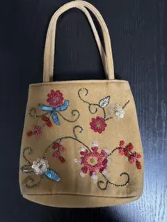 花柄刺繍 ベージュ ハンドバッグ