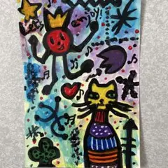 絵画 アクリル画 抽象画 アート「Let's enjoy!」王子と猫ハガキサイズ