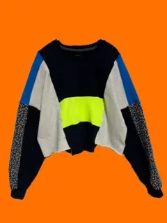 古着　リメイク　スウェット　カラーブロック クロップド　幾何学模様
